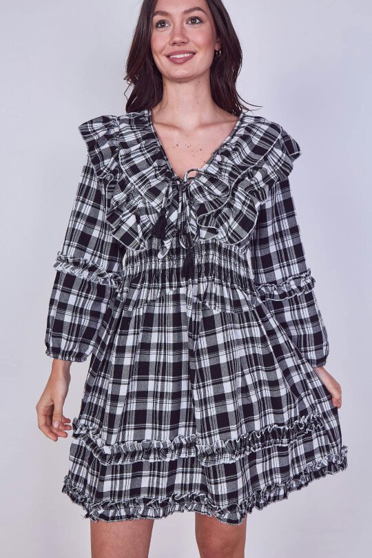 Frill Detail Check Smock Dress