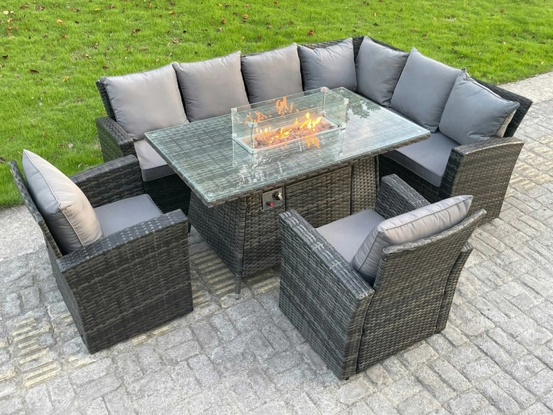 Fimous High Back Rattan Corne r Sofa Set Garden Furniture Sofa Gas Fire Pit Dining Table Gas Heater With 2 Arm Chair 8 Seater