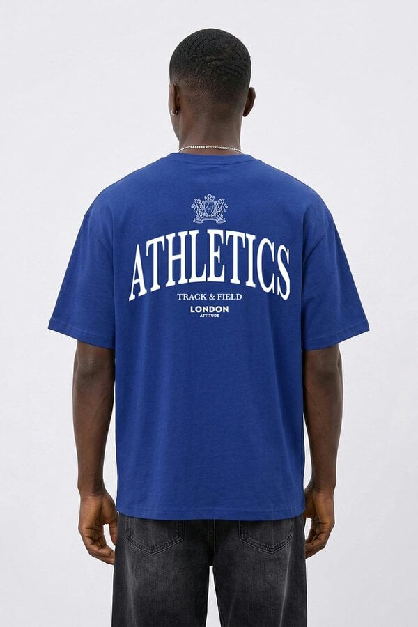London Attitude Athletics Premium Graphic T-Shirt in White Print - Worker blue