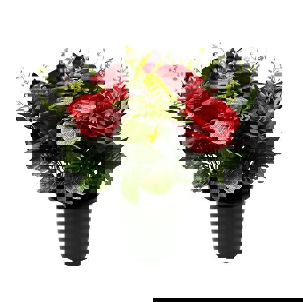 Memorials Direct Premium Artificial Grave Flowers – Red Open Roses with Eucalyptus (25cm) | Memorial Vase Pot