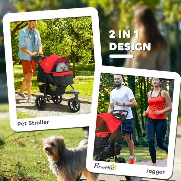 Red and black pet stroller 2-in-1 design shown on packaging insert
