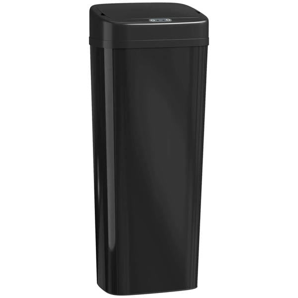 Black stainless steel sensor trash can with hinged lid, 50L capacity
