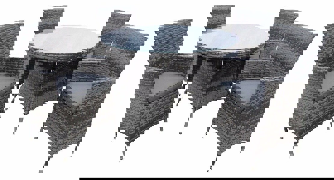 Furniture One 5 PCS Aluminium Rattan Garden Furniture 4 Seat Set, Round Tempered Glass Dining Table + 4 Chairs Set Full Assembly