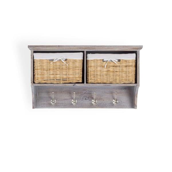 Statement Furniture Tetbury Acacia Wood Hanging Shelf with Coat Hooks and Storage Baskets