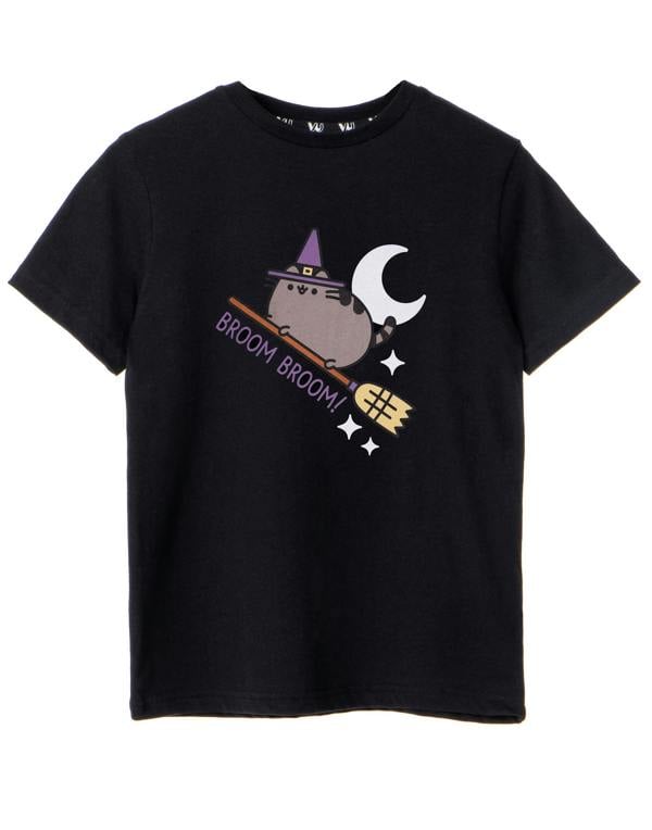 Pusheen Girls Black Halloween Broom Broom Short Sleeved T-Shirt