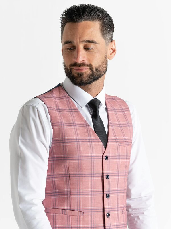 V2 Classic Kensignton Three Piece Suit - Rose with White and Navy Blue Checks