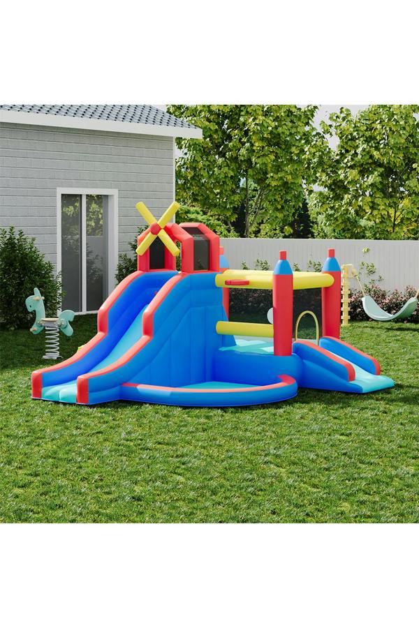 Colorful Bouncy Castle with Dual Slides & Windmill Accent
