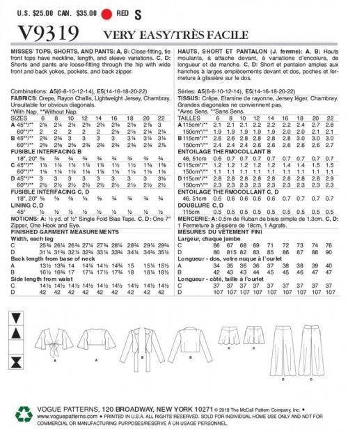 Vogue Sewing Pattern 9319, Tops, Shorts, Trousers for Women, A5 (6-8-10-12-14) - Easy