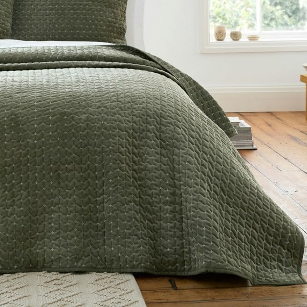 Bianca Attica Velvet Embroidered Bedspread Green