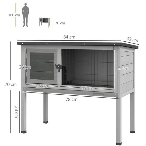 Grey small animal hutch with open front, wire mesh door, and pull-out tray opening