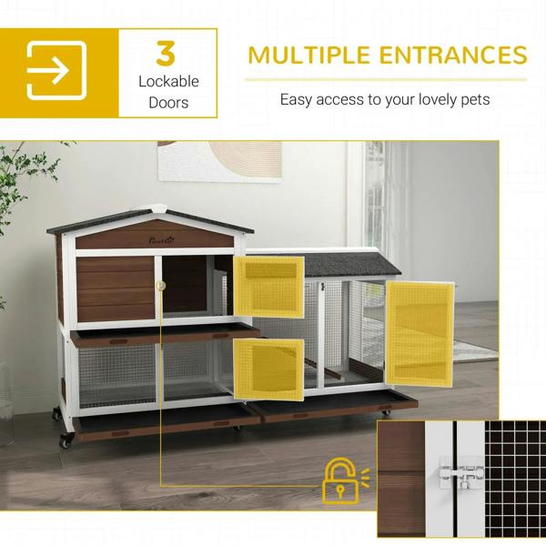 Brown two-tier pet hutch with multiple lockable mesh door openings and side access