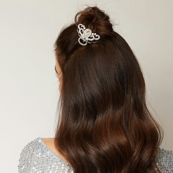 silver hair claw diamante half up bun