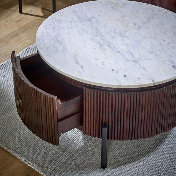 Wyld Haus Alabama Ribbed Mango Wood Round Fluted Coffee Table With Marble Top and Metal Legs