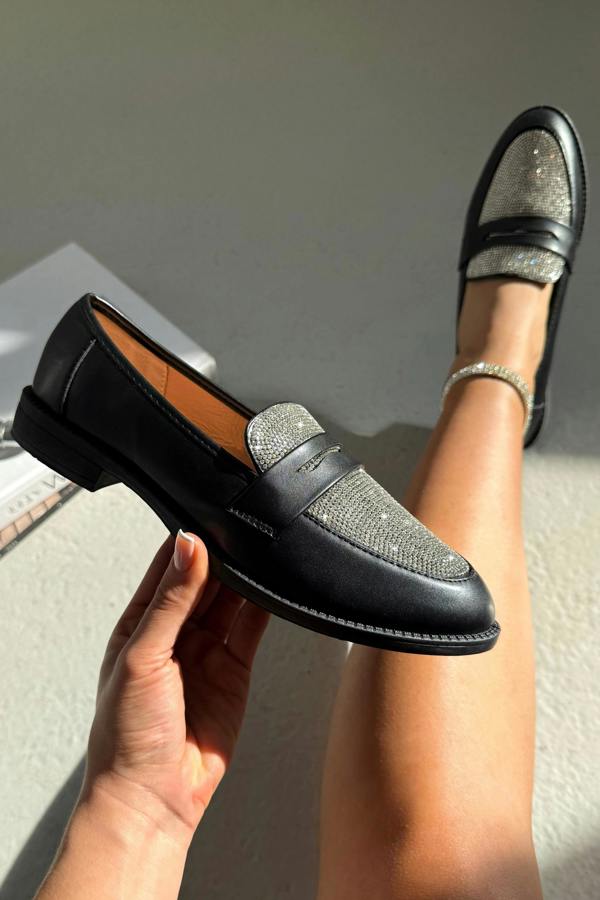 Crystal Shimmer Dream Panel Loafers Black finished with classic loafer silhouette