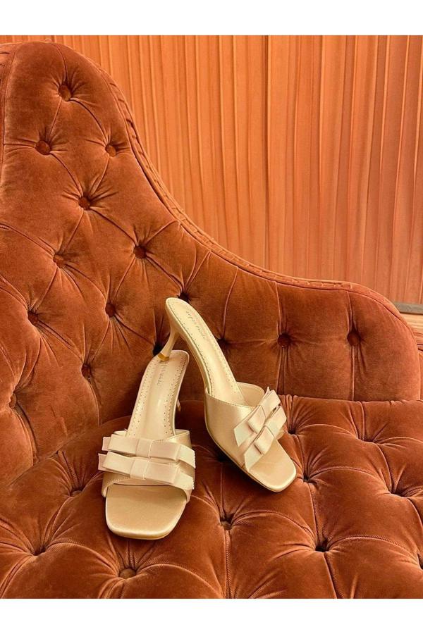 Camila Open Toe Bow Detail High Heels - Cream