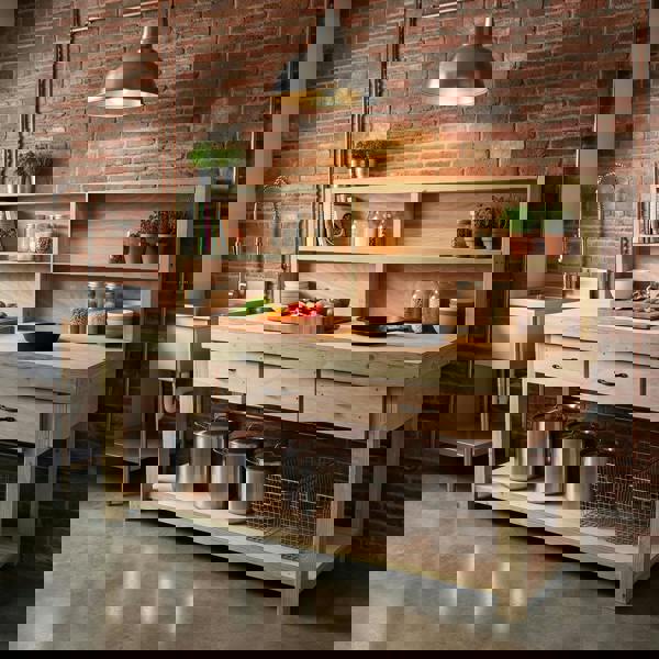 Wooden eucalyptus Top Workbench – Durable Tool Cabinet with Drawers and Back Panel, Ideal for Dry Indoor Spaces Such as Garages, Workshops, and Studios.