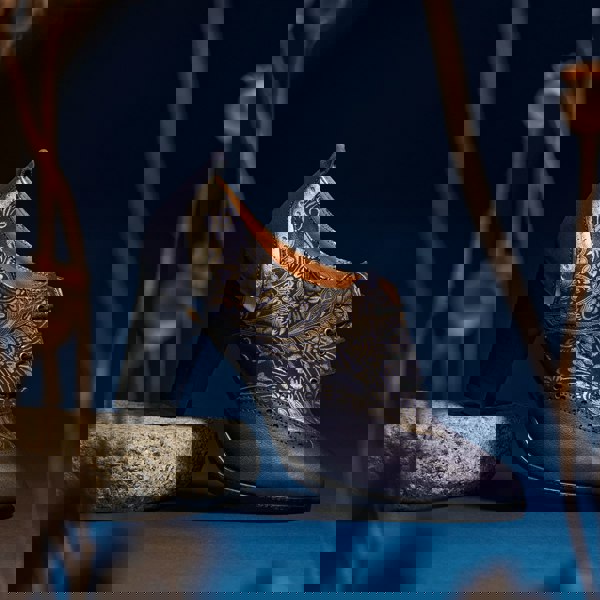 Embassy London Casino - Blue & Silver Paisley - Women's leather pump in 3 inch heel with brogue details