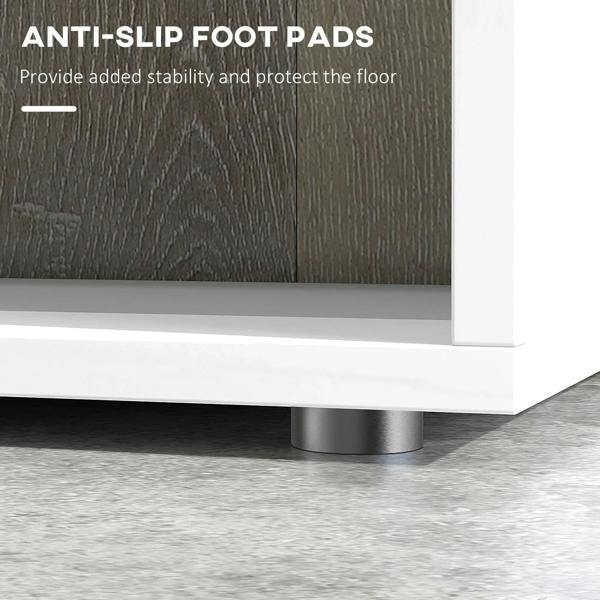 White bookcase base with anti-slip foot pads on metal legs