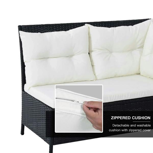 Corner sofa cushion with zipper; white cushion on black rattan frame