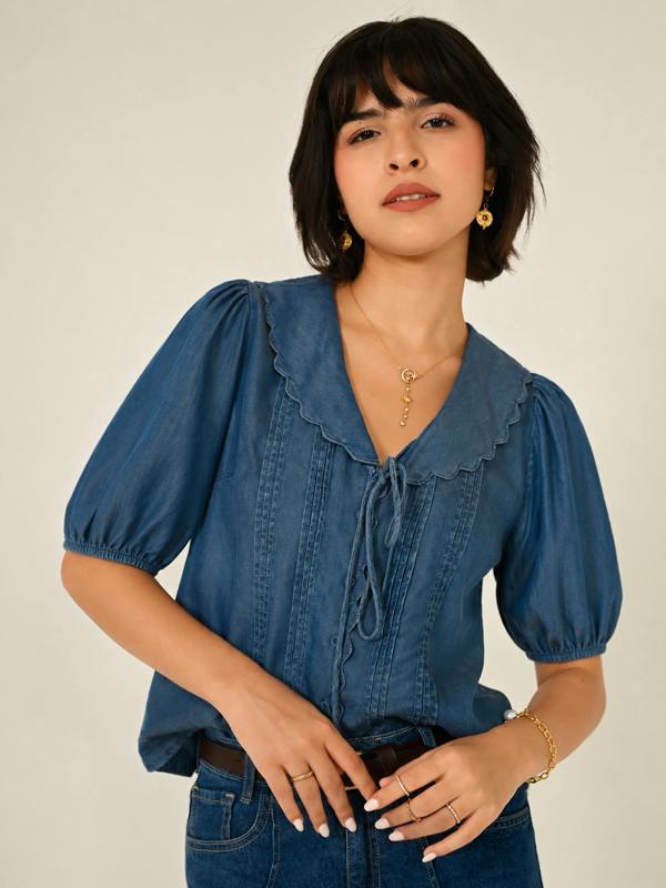 Rose & Nancy Olive Blue Denim Tencel Collar Blouse
