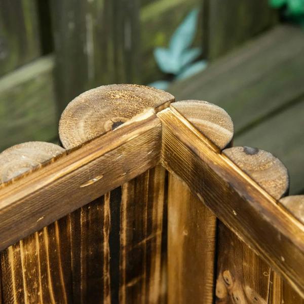 Corner joint detail of a wooden raised planter bed with slatted side panels