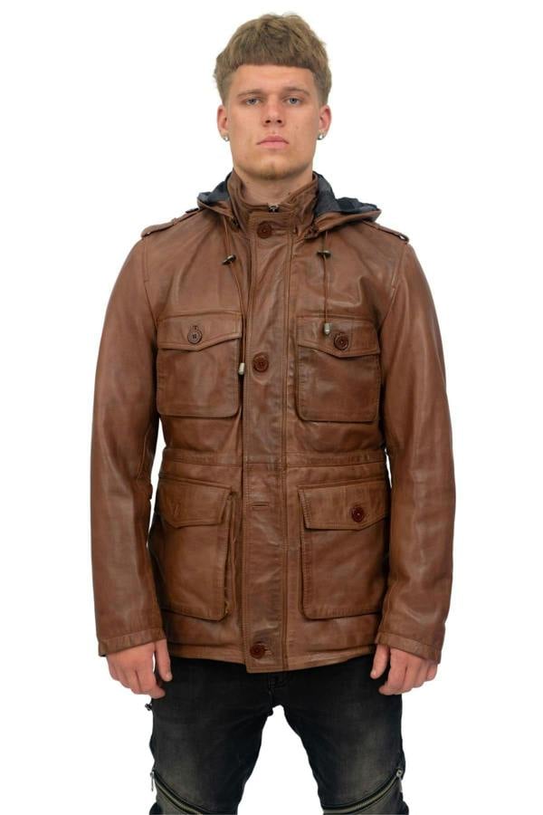 Infinity Leather Mens Leather Hooded Trench Coat-Medellin