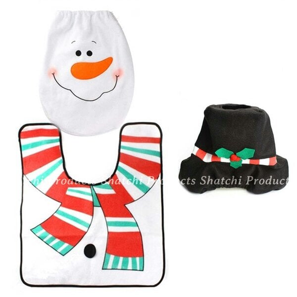 Shatchi Standard Size Christmas Toilet Seat Cover and Bathroom Mat Set, White Snowman Style, 3 Piece Decor