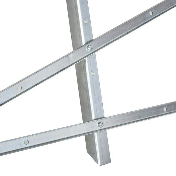 Silver sawhorse support bar with mounting holes and rivets on the frame