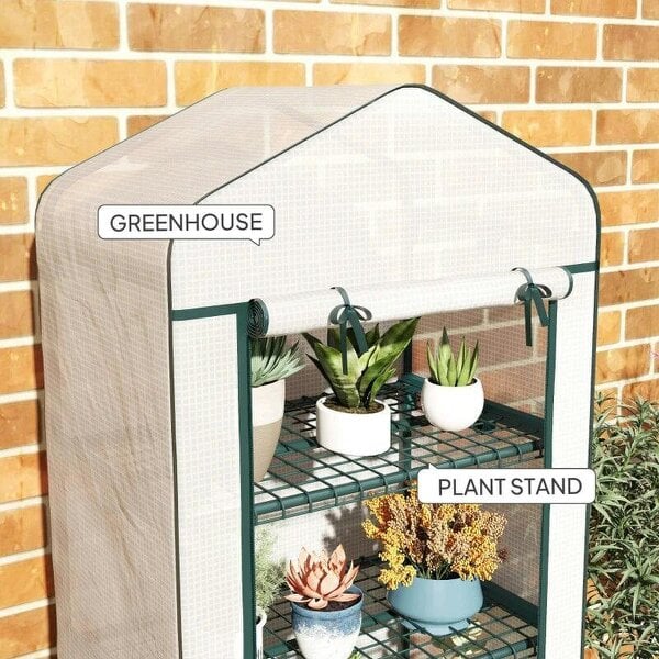 Bobobiy 4 Tier Mini Portable Greenhouse Compact Plant Grow Shed Metal Frame PE Cover with Lockable Rolling Wheels, White