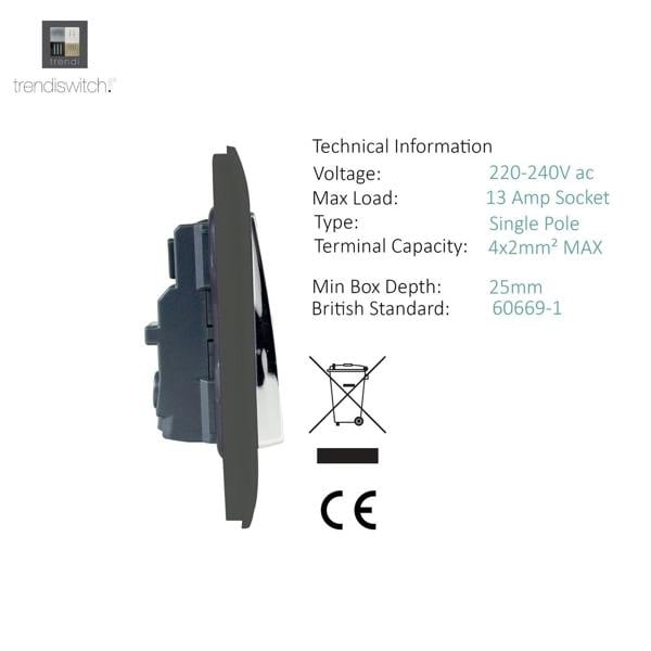 Trendi Switch 2 Gang Long Switched Plug Socket in Charcoal Grey