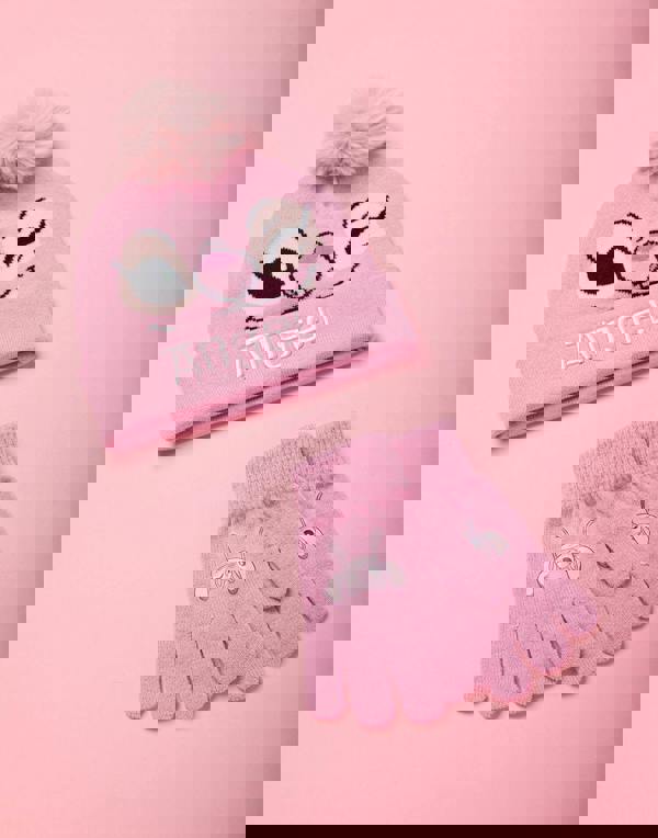 Disney Girls Pink Angel Character Face Beanie and Gloves Set (One Size)