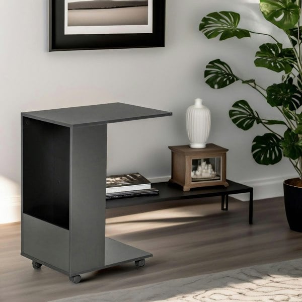 Rafaelo Mobilia Industrial Black C Shaped Side Table With Storage & Wheels