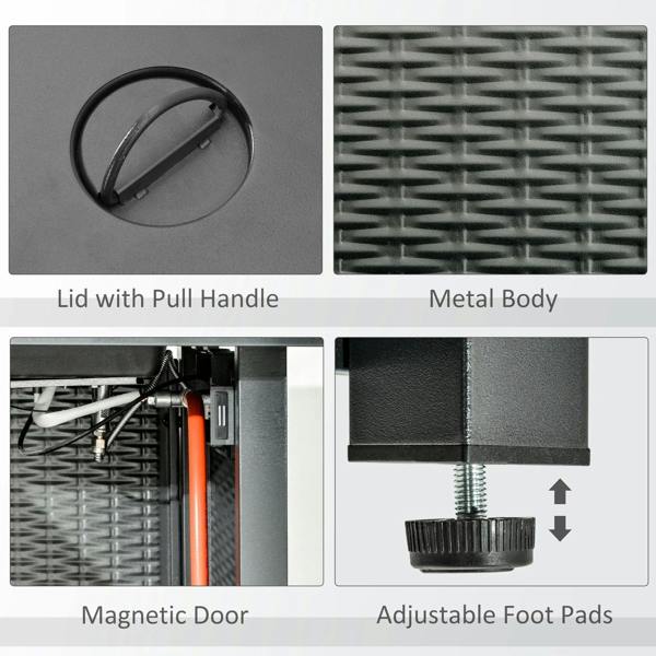 Fire pit table feature details: lid pull handle, magnetic door, adjustable feet