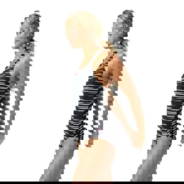 Speedo Endurance+ printed medalist swimsuit in navy white stripes with red accents