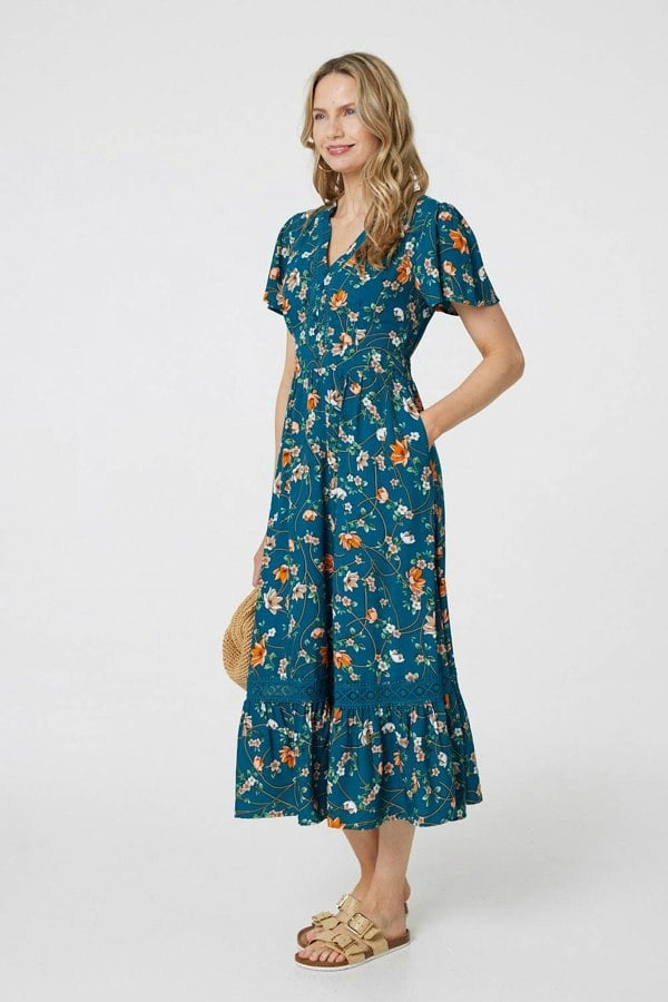 Teal | Floral Lace Trim Short Sleeve Midi Dress