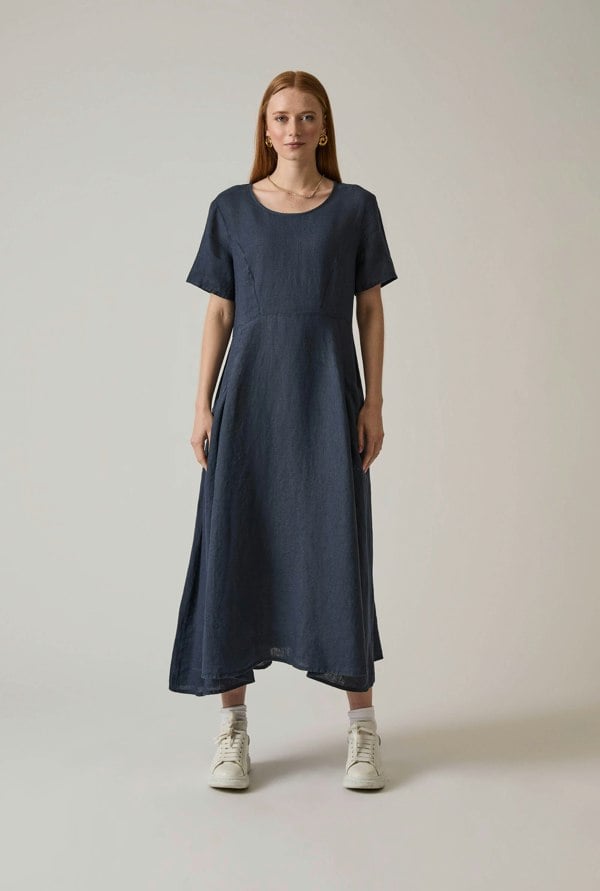 Navy linen midi dress with side pockets