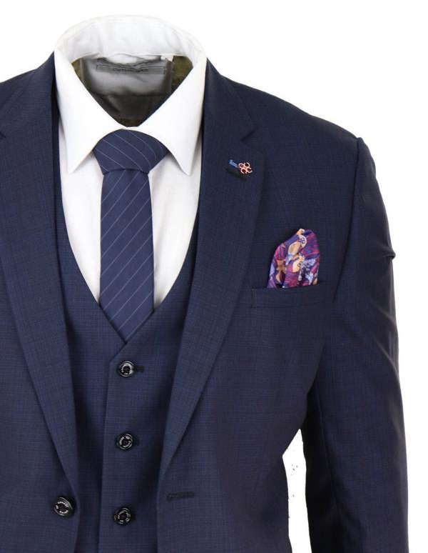 House of Cavani Mens 3 Piece Navy Blue Tailored Fit Retro Classic Suit