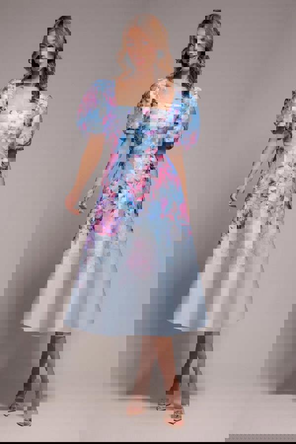 Printed Scuba Square Neck Puff Sleeve Midi Dress - Blue DR4650