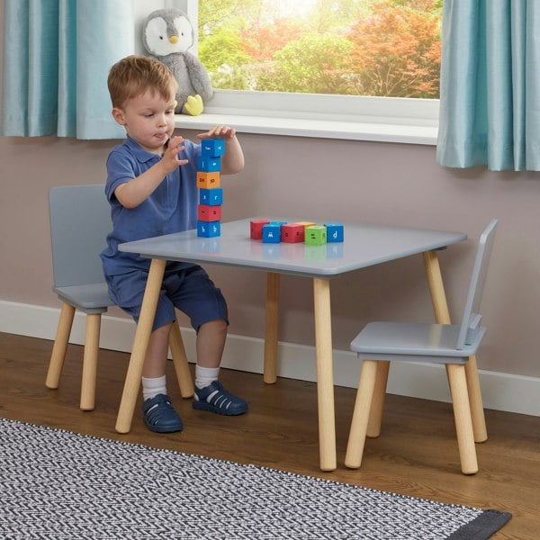Liberty House Toys Kids Grey and Pinewood Table and Two Chairs Set