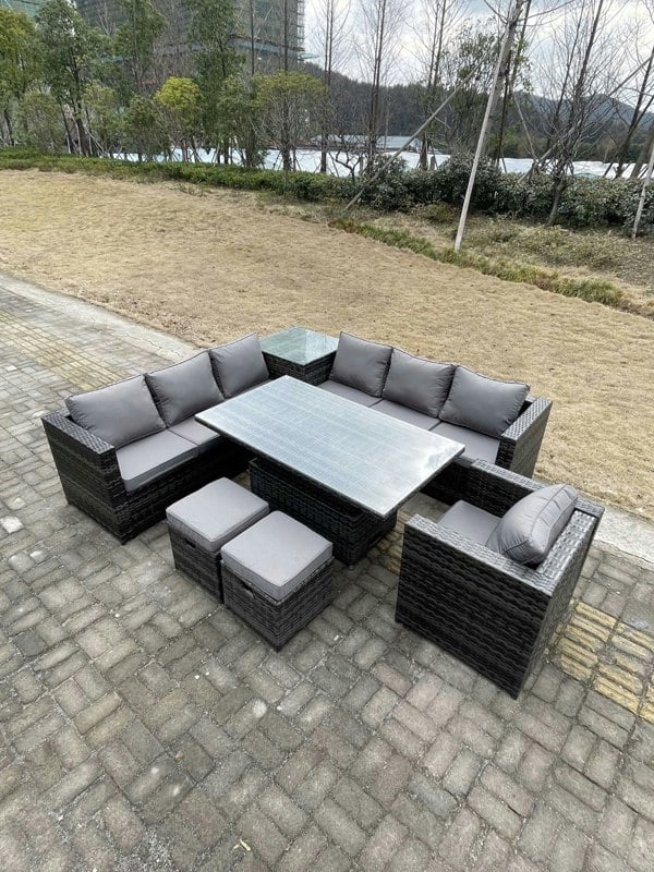Fimous 9 Seater PE Rattan Corner Sofa Set Rising Adjustable Dining Table Set High Side Coffee Table With Arm Chair Stools