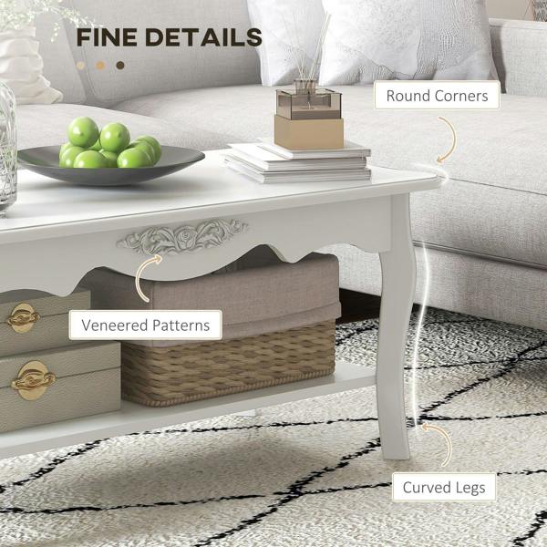 White coffee table with carved apron, curved legs, and two drawers with golden handles
