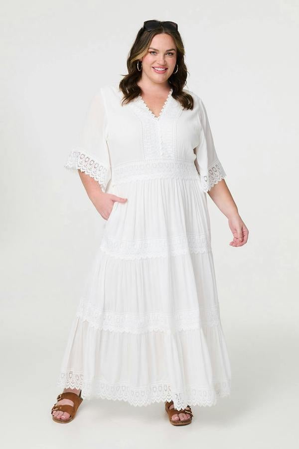 White | Curve Tiered Lace Trim Maxi Dress
