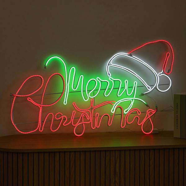 Samuel Alexander 94cm x 53cm Light up Merry Christmas Neon Sign with Flashing Santa Hat