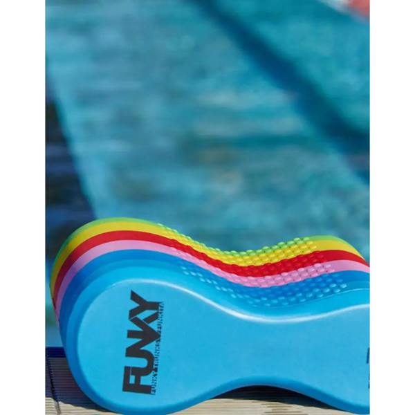 Funky Trunks Rainbow Racer elite squad pull buoy with blue rainbow noodle and funny text