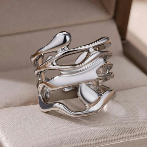 The Colourful Aura Abstract Fluid Wrap Wide Adjustable Band Gold or Silver Ring - Silver - Silver