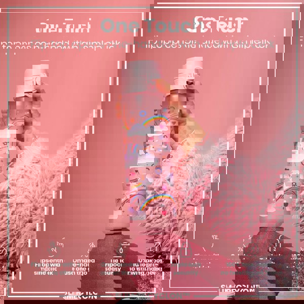 A pink unicorn-decorated water bottle is held; its flip top opens one-handed. The bottle features a triple lock security mechanism and is 100% leak-proof; the context is a pink background. The bottle is described as "SLIM RECYCLON™".