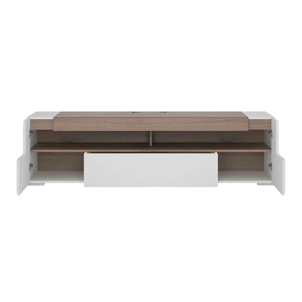 Wyld Haus Porto Wide Gloss White TV Cabinet with Oak Detail 2 Doors and 2 Drawers
