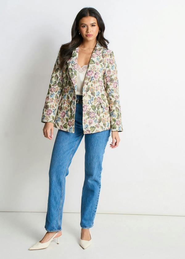 Gini London Beige Floral Jacquard Tailored Jacket