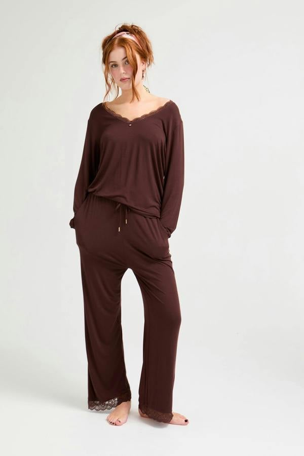 Bamboo Lace V-Neck Pyjama Set in Chocolate - Pajamas