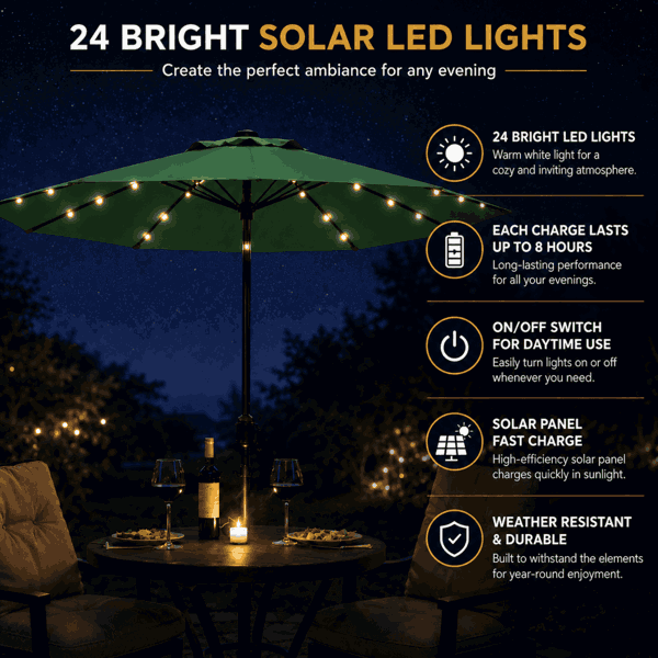 GlamHaus Garden Parasol Solar LED 2.7M ,Tilting Table Umbrella with Crank Handle, Protection UV40, Includes Parasol Cover- Green